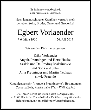Todesanzeige von Egbert Vorlaender von Rheinische Post