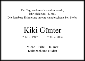 Todesanzeige von Kiki Günter von Rheinische Post
