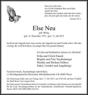 Todesanzeige von Else Neu von Rheinische Post