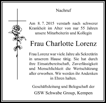 Todesanzeige von Charlotte Lorenz von Rheinische Post