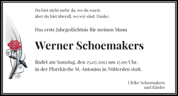 Todesanzeige von Werner Sehoemakers von Rheinische Post
