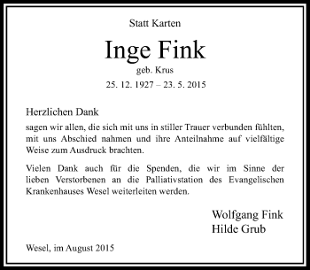 Todesanzeige von Inge Fink von Rheinische Post