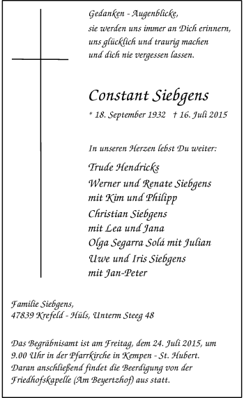 Todesanzeige von Constant Siebgens von Rheinische Post