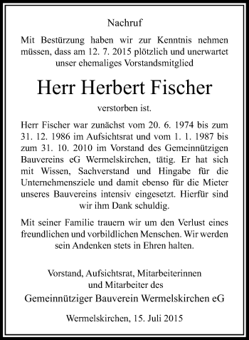Todesanzeige von Herbert Fischer von Rheinische Post