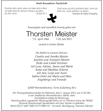 Todesanzeige von Thorsten Meister von Rheinische Post
