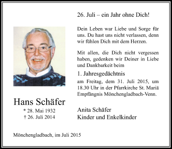 Todesanzeige von Hans Schäfer von Rheinische Post
