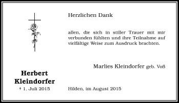 Todesanzeige von Herbert Kleindorfer von Rheinische Post