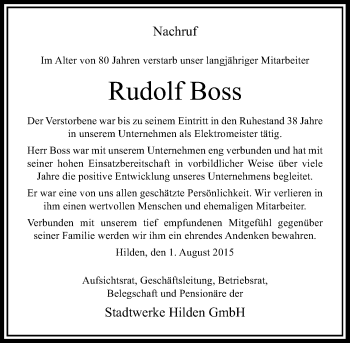 Todesanzeige von Rudolf Boss von Rheinische Post