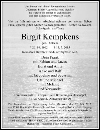 Todesanzeige von Birgit Kempkens von Rheinische Post