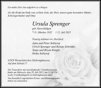 Todesanzeige von Ursula Sprenger von Rheinische Post