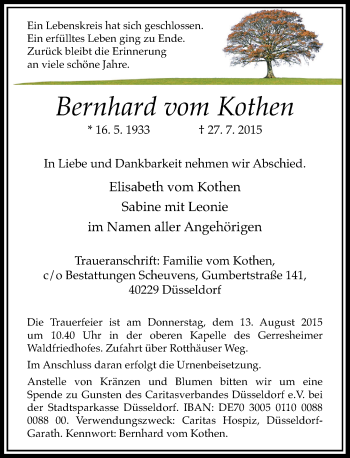 Todesanzeige von Bernhard  vom Kothen von Rheinische Post