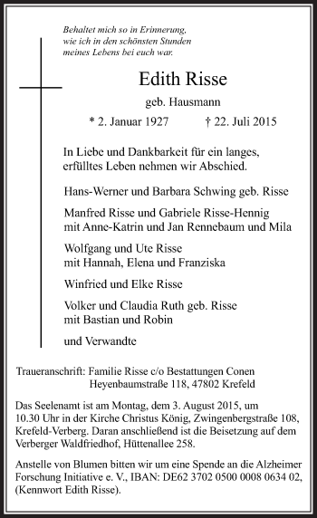 Todesanzeige von Edith Risse von Rheinische Post