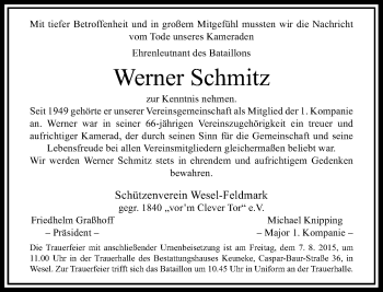 Todesanzeige von Werner Schmitz von Rheinische Post
