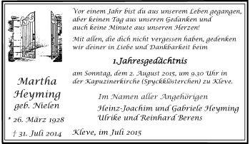 Todesanzeige von Martha Heyming von Rheinische Post
