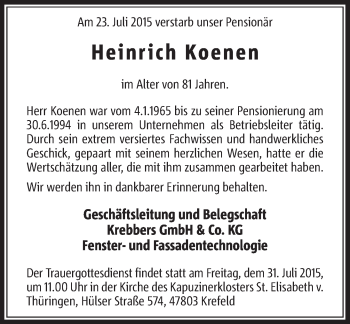 Todesanzeige von Heinrich Koenen von Rheinische Post