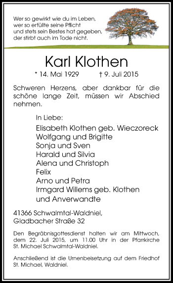 Todesanzeige von Karl Klothen von Rheinische Post