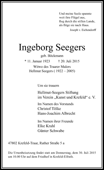 Todesanzeige von Ingeborg Seegers von Rheinische Post
