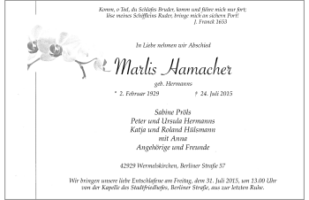 Todesanzeige von Marlis Hamacher von Rheinische Post