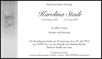 Todesanzeige von Karolina Stadi von Rheinische Post