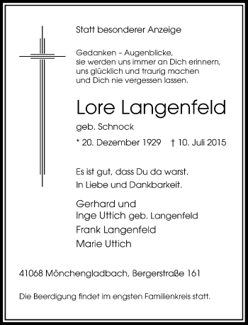 Todesanzeige von Lore Langenfeld von Rheinische Post