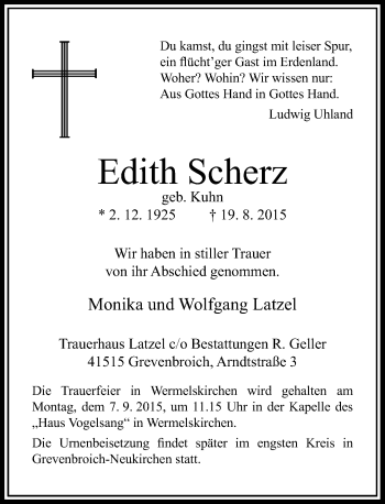 Todesanzeige von Edith Scherz von Rheinische Post