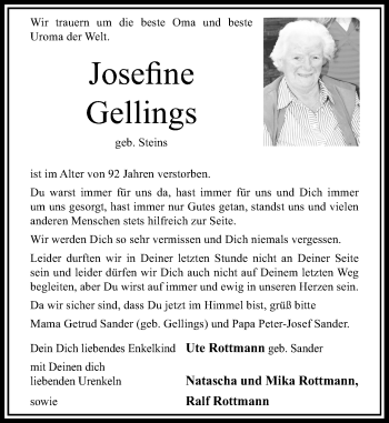 Todesanzeige von Josefine Gellings von Rheinische Post