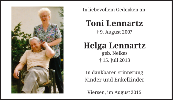 Todesanzeige von Toni und Helga Lennartz von Rheinische Post