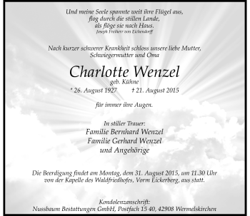 Todesanzeige von Charlotte Wenzel von Rheinische Post