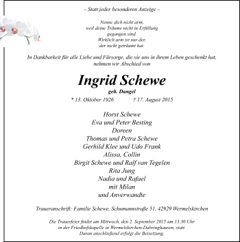 Todesanzeige von Ingrid Schewe von Rheinische Post