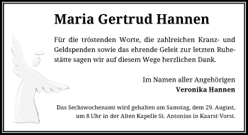 Todesanzeige von Maria Gertrud Hannen von Rheinische Post