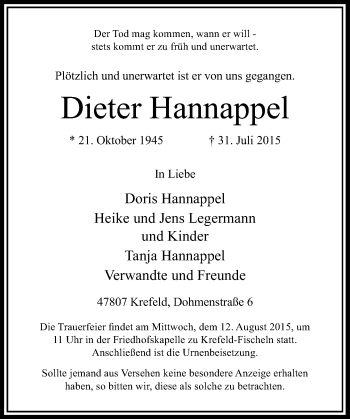 Todesanzeige von Dieter Hannappel von Rheinische Post
