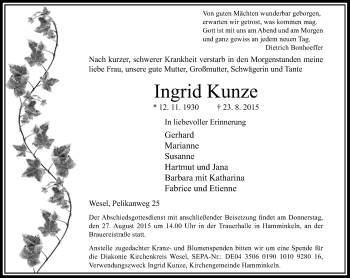 Todesanzeige von Ingrid Kunze von Rheinische Post