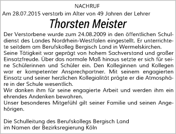 Todesanzeige von Thorsten Meister von Rheinische Post