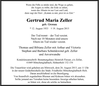 Todesanzeige von Gertrud Maria Zeller von Rheinische Post