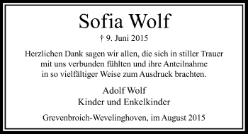 Todesanzeige von Sofia Wolf von Rheinische Post