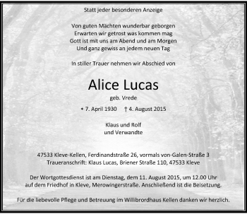 Todesanzeige von Alice Lucas von Rheinische Post