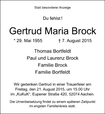 Todesanzeige von Gertrud Maria Brock von Rheinische Post