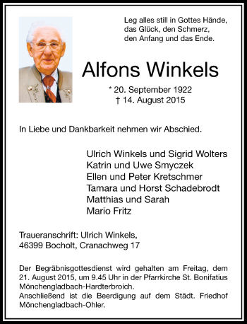 Todesanzeige von Alfons Winkels von Rheinische Post