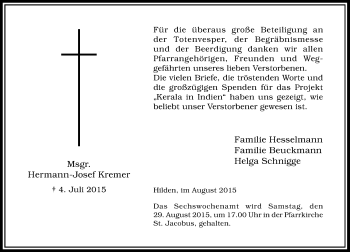 Todesanzeige von Hermann-Josef Kremer von Rheinische Post