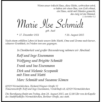 Todesanzeige von Marie Ilse Schmidt von Rheinische Post