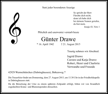 Todesanzeige von Günter Drawe von Rheinische Post