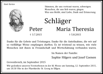 Todesanzeige von Peter und  Maria Theresia Schläger von Rheinische Post