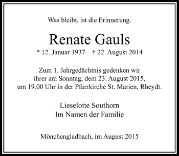 Todesanzeige von Renate Gauls von Rheinische Post
