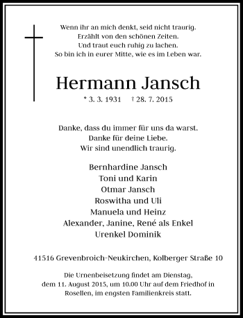 Todesanzeige von Hermann Jansch von Rheinische Post