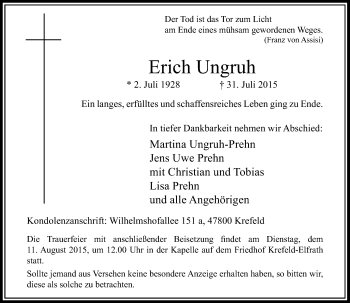 Todesanzeige von Erich Ungruh von Rheinische Post