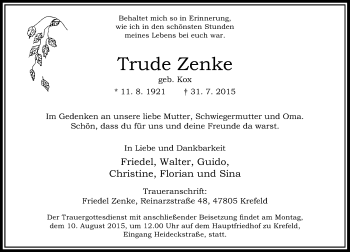 Todesanzeige von Trude Zenke von Rheinische Post