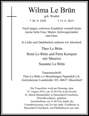 Todesanzeige von Wilma Le Brün von Rheinische Post