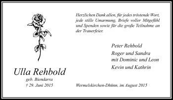 Todesanzeige von Ulla Rehbold von Rheinische Post