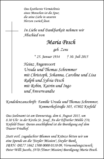 Todesanzeige von Maria Pesch von Rheinische Post