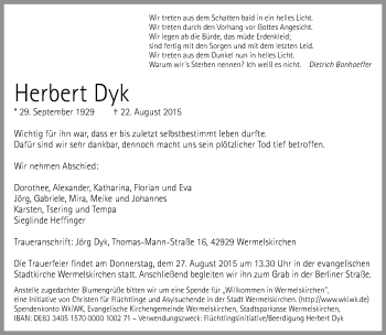 Todesanzeige von Herbert Dyk von Rheinische Post